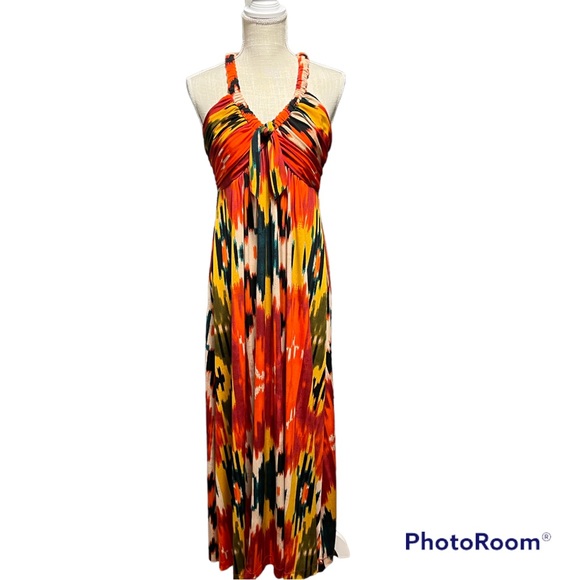 Calvin Klein Dresses & Skirts - Calvin Klein Ikat Orange multicolor bold rouched halter maxi dress